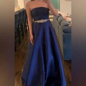 Royal blue, strapless, floor length prom dress